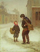 On the way to school in the snow Painting by Pierre Edouard Frere