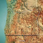 Oregon State USA 3D Render Topographic Map Border Digital Art by Frank Ramspott