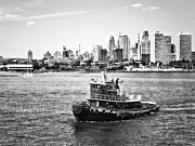 Philadelphia PA - Tugboat by Philadelphia Skyline Black and White Photograph by Susan Savad Philadelphia PA - Tugboat by Philadelphia Skyline Black and White Photograph by Susan Savad