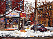 Pointe St Charles Montreal Winter Scene Painting Paul Patates Restaurant At Coleraine And Charlevoix Painting by Carole Spandau