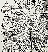Queen Of Spades Close Up With Crow Drawing by Jani Freimann