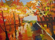 Rainy Fall Night Painting by Saundra Johnson