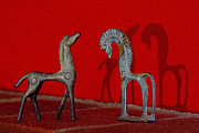 Red Wall Horse Statues Digital Art by Jana Russon