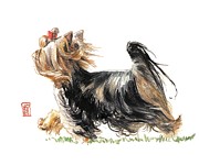 Running Yorkie Painting by Debra Jones
