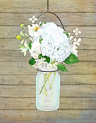 Rustic Country White Hydrangea n Matillija Poppy Mason Jar Bouquet on Wooden Fence Painting by Audrey Jeanne Roberts