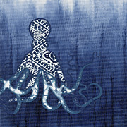 Shibori Blue 2 - Patterned Octopus over Indigo Ombre Wash Painting by Audrey Jeanne Roberts