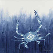 Shibori Blue 4 - Patterned Blue Crab over Indigo Ombre Wash Painting by Audrey Jeanne Roberts