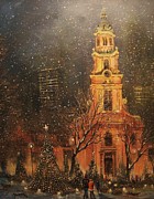 Snowfall in Cathedral Square - Milwaukee Painting by Tom Shropshire