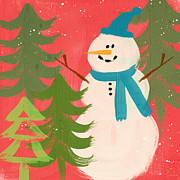 Snowman in Blue Hat- Art by Linda Woods Painting by Linda Woods