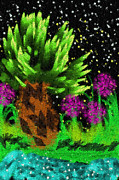 Starry Tropical Night with Flowers Mixed Media by Shelli Fitzpatrick