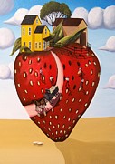 Strawberry Fields - surreal farm landscape Painting by Debbie Criswell Strawberry Fields - surreal farm landscape Painting by Debbie Criswell