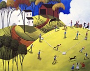 Summer Baseball - farm folk art landscape Painting by Debbie Criswell