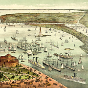 The Port of New York, Birds Eye View from the Battery, Looking South, Circa 1892 Painting by Currier and Ives