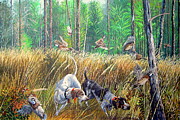 Thunder In The Pines- Bobwhite quail hunting Painting by Daniel Butler