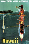 United Air Lines to Hawaii - Riding With Outrigger - Retro travel Poster - Vintage Poster Mixed Media by Studio Grafiikka