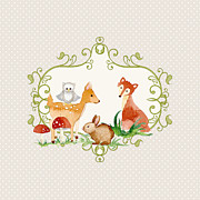 Woodland Fairytale - Grey Animals Deer Owl Fox Bunny n Mushrooms Painting by Audrey Jeanne Roberts