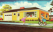 Girls Playing in Front of House #1 Drawing by CSA Images Girls Playing in Front of House #1 Drawing by CSA Images