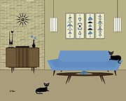 Mid Century Blue Couch Digital Art by Donna Mibus