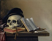 Still Life With Skull, Books, Flute And Pipe Painting by Harmen Steenwyck
