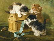 Three Kittens With A Casket And Blue Ribbon Painting by Henriette Ronner-knip Three Kittens With A Casket And Blue Ribbon Painting by Henriette Ronner-knip