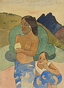 Two Tahitian Women In A Landscape Painting by Paul Gauguin