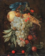 A Hanging Bouquet Of Fruit, Including Grapes, A Pear Painting by Joris Van Son