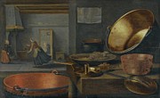 A Kitchen Still Life With Pots And Pans On A Stone Ledge Painting by Floris Van Schooten