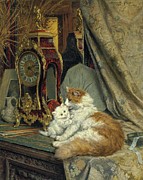 A Mother Cat And Her Kitten With A Bracket Clock Painting by Henriette Ronner-knip A Mother Cat And Her Kitten With A Bracket Clock Painting by Henriette Ronner-knip