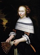 A Portrait Of A Young Girl Holding A Fan, A Landscape Beyond, C.1650 Painting by Friesian School