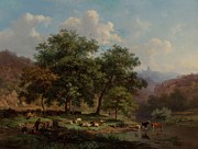 A Summer Landscape With Figures Resting With Their Flock Painting by Frederik Marinus Kruseman