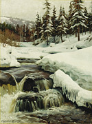 A Winter Landscape With A Mountain Torrent, 1916 Painting by Peder Monsted