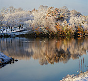An Early Snow - View Stoughton Millpond with fall color and dusting of snow Photograph by Peter Herman