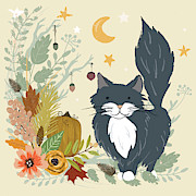 Autumn Garden Moonlit Kitty Cat Painting by Little Bunny Sunshine