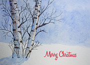 Birch Trees Merry Christmas  Painting by Denise Harty