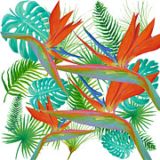 Bird of Paradise flower and tropical leaves and ferns Painting by Jan Matson