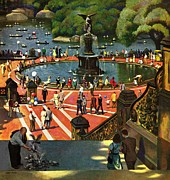 Boating In Central Park Drawing by John Falter Boating In Central Park Drawing by John Falter
