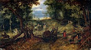 'Bosque con carretas atravesando un arroyo y jinetes', ca. 1607, Flemi... Painting by Jan Brueghel the Elder -1568-1625-