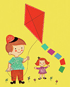 Boy and Girl Flying Kite Drawing by CSA Images Boy and Girl Flying Kite Drawing by CSA Images