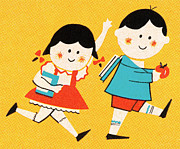 Boy and Girl on Their Way to School Drawing by CSA Images Boy and Girl on Their Way to School Drawing by CSA Images