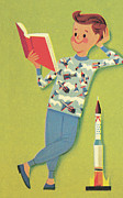 Boy Reading With Rocket Drawing by CSA Images Boy Reading With Rocket Drawing by CSA Images