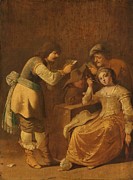 Card players with woman smoking a pipe. Painting by Pieter Jansz Quast