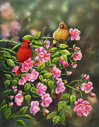 Cardinals With Roses Painting by Sarah Davis