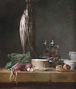 Still Life with Fish, Vegetables, Gougeres, Pots, and Cruets on a Table Painting by Jean-simeon Chardin