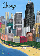 Chicago City With Beachfront On Lake Michigan By Artist Carla Daly Drawing by 