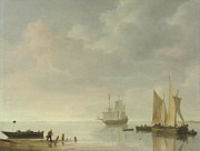 Coastal Scene With Ships Resting On Calm Waters Painting by Simon De Vlieger