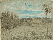 Cottages With A Woman Working In The Middle Ground, 1890 Drawing by Vincent Van Gogh