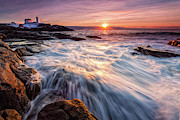 Crashing Waves at Sunrise, Nubble Light.  Photograph by Jeff Sinon