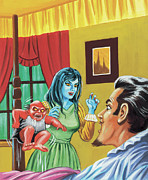 Creature and Zombie Attacking A Man in Bed Drawing by CSA Images