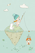 Cute bears fishing on island in the ocean whimsical and cute Photograph by Matthias Hauser