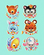 Cute Little Animals on Turquoise Background Drawing by CSA Images Cute Little Animals on Turquoise Background Drawing by CSA Images